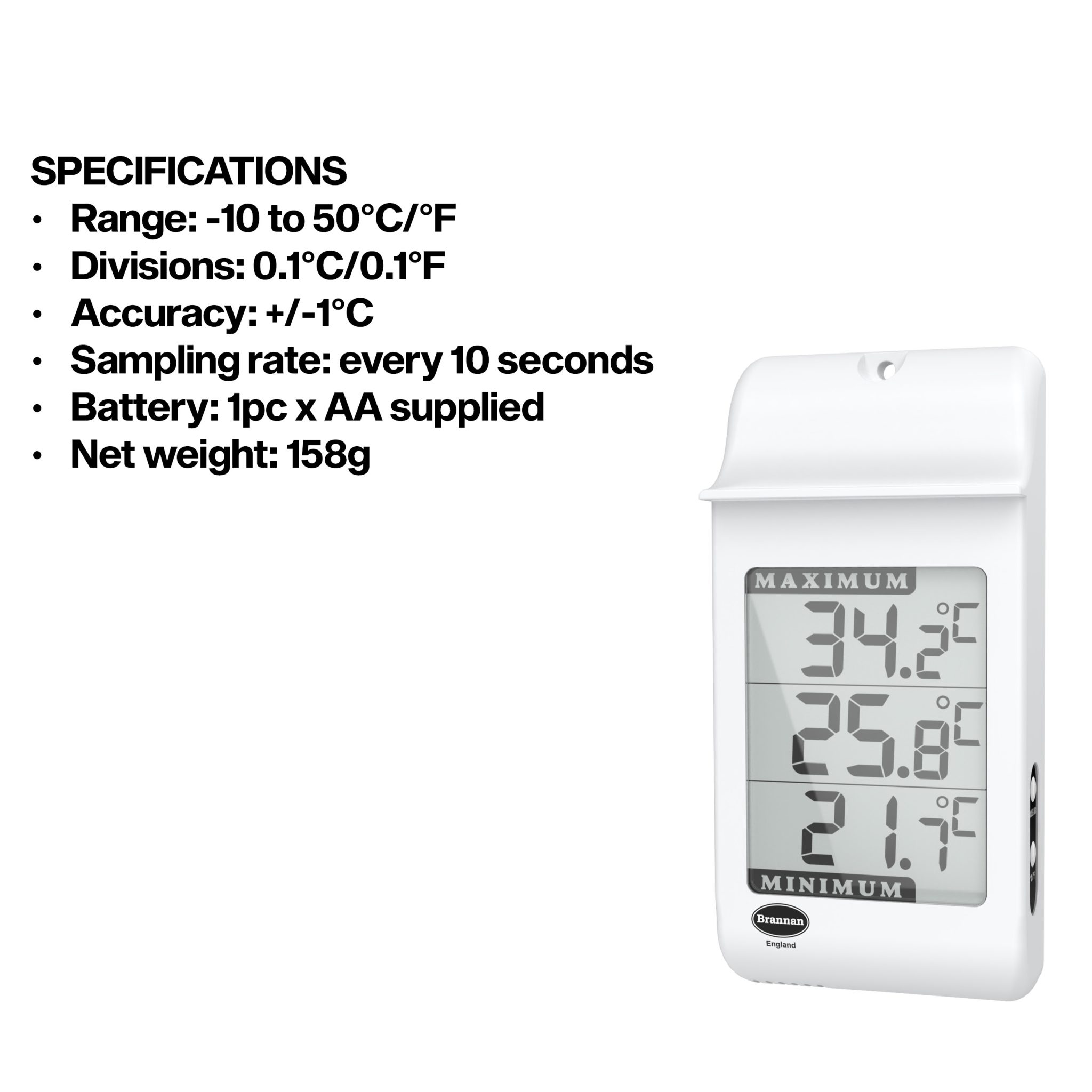 Max min thermometer - large LCD - white | Brannan