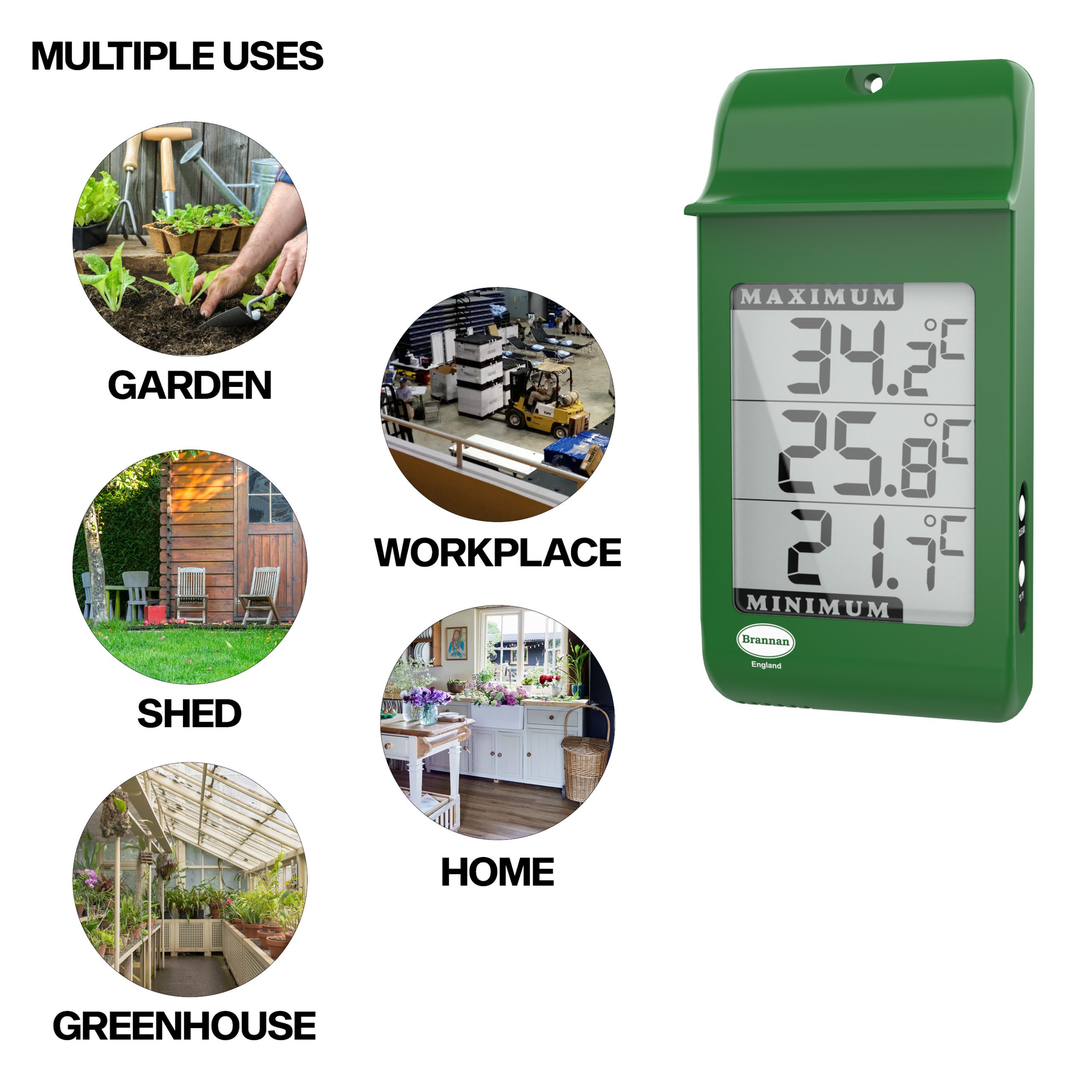 Max min Thermometer - large LCD in green | Brannan