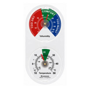 Twin mini dial hygrometer & thermometer with coloured zones