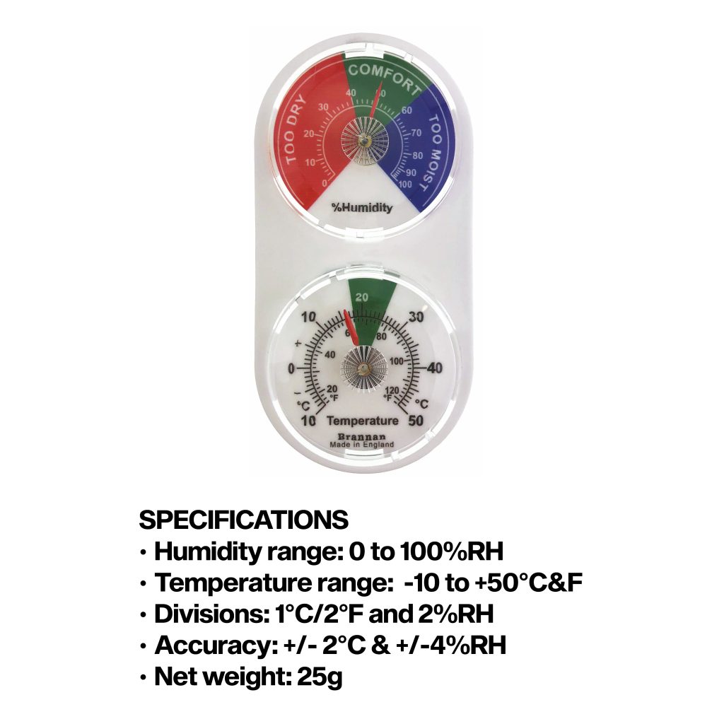 Twin mini dial hygrometer & thermometer with coloured zones Brannan