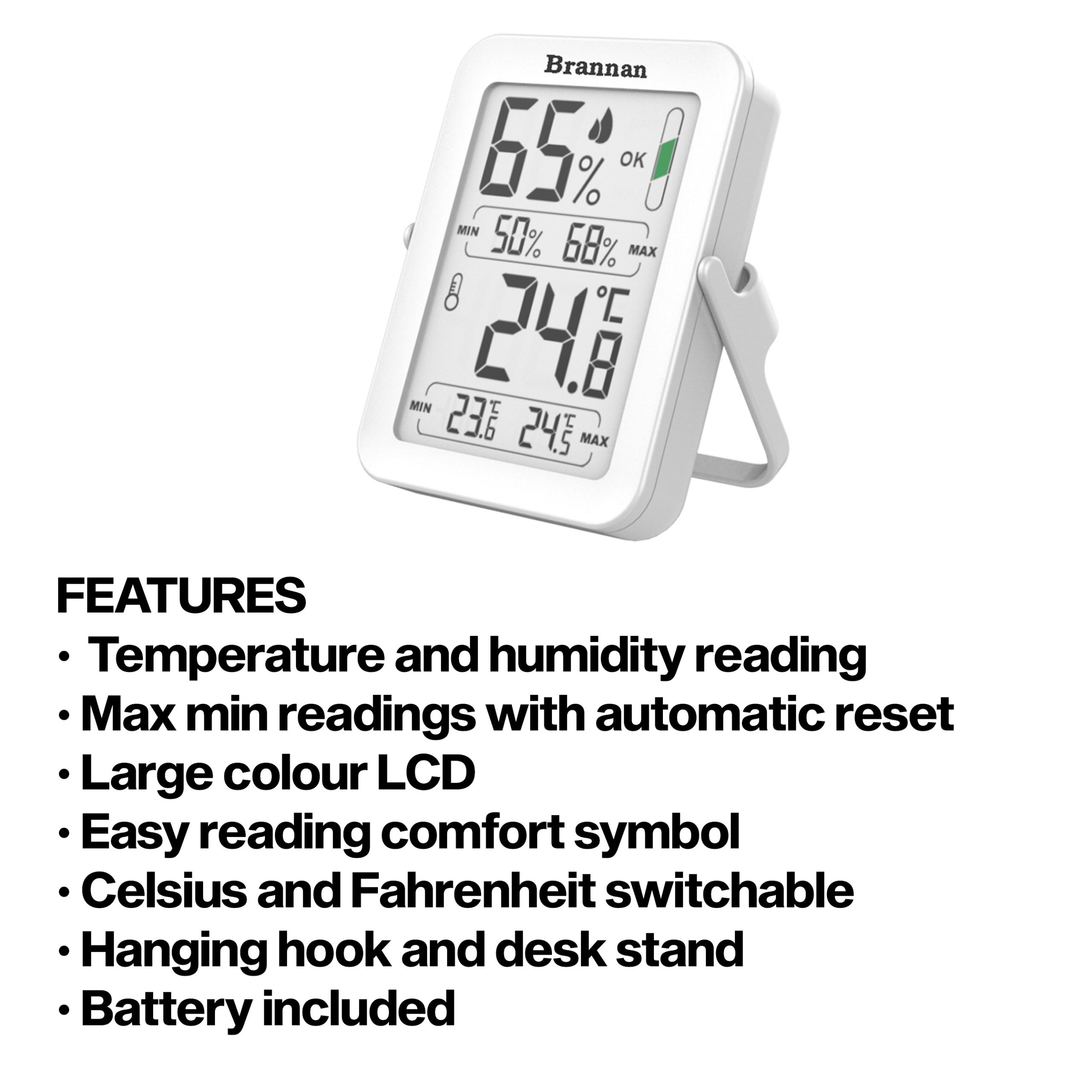 Max min thermometer & hygrometer with auto reset max min | Brannan