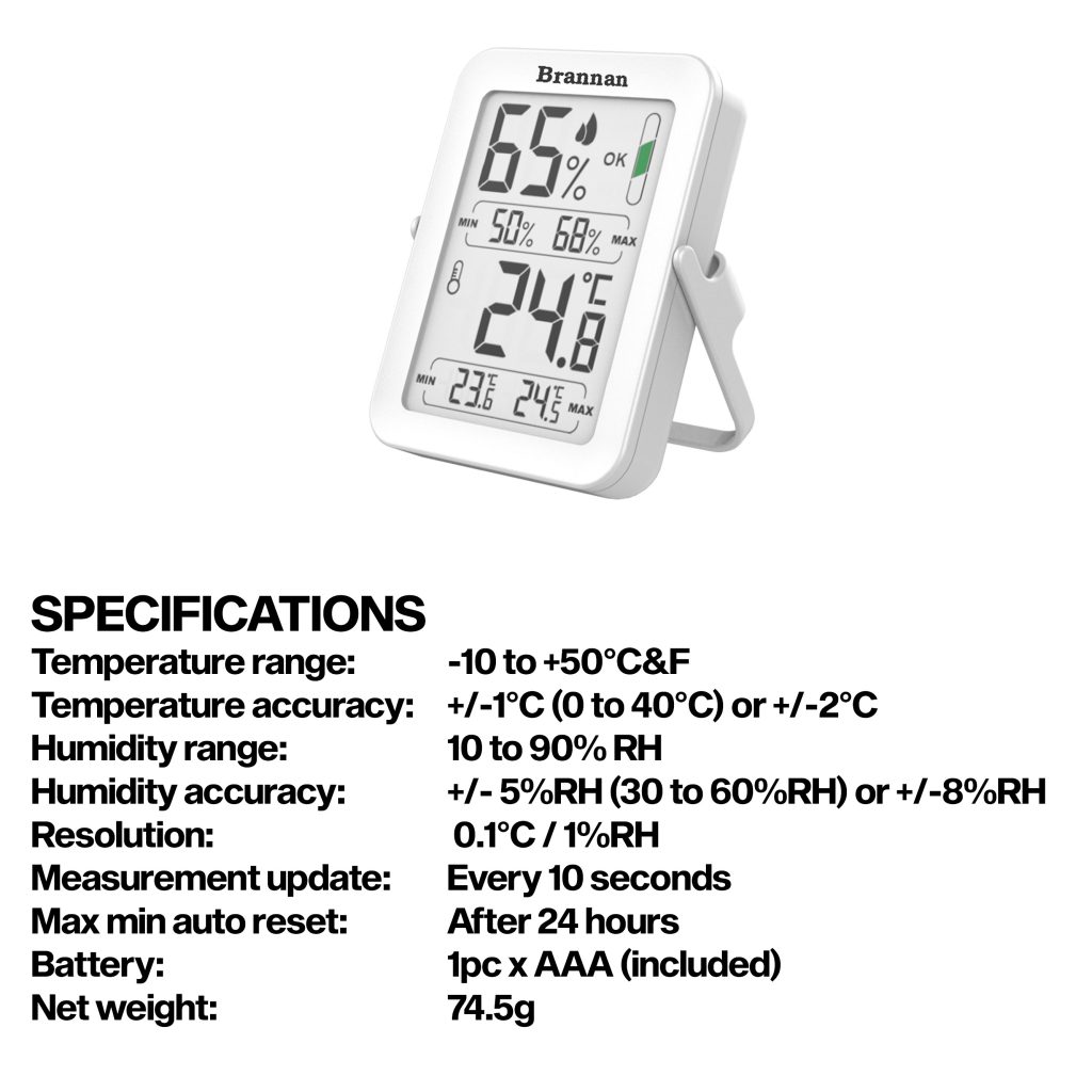 Max min thermometer & hygrometer with auto reset max min | Brannan