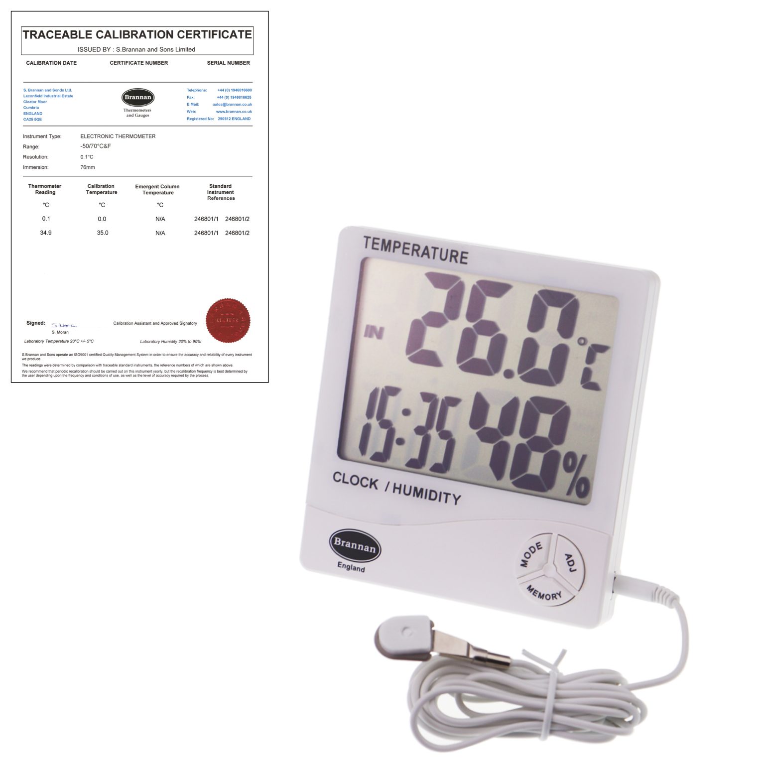 THERMcert, precalibrated jumbo max min thermometer & hygrometer Brannan