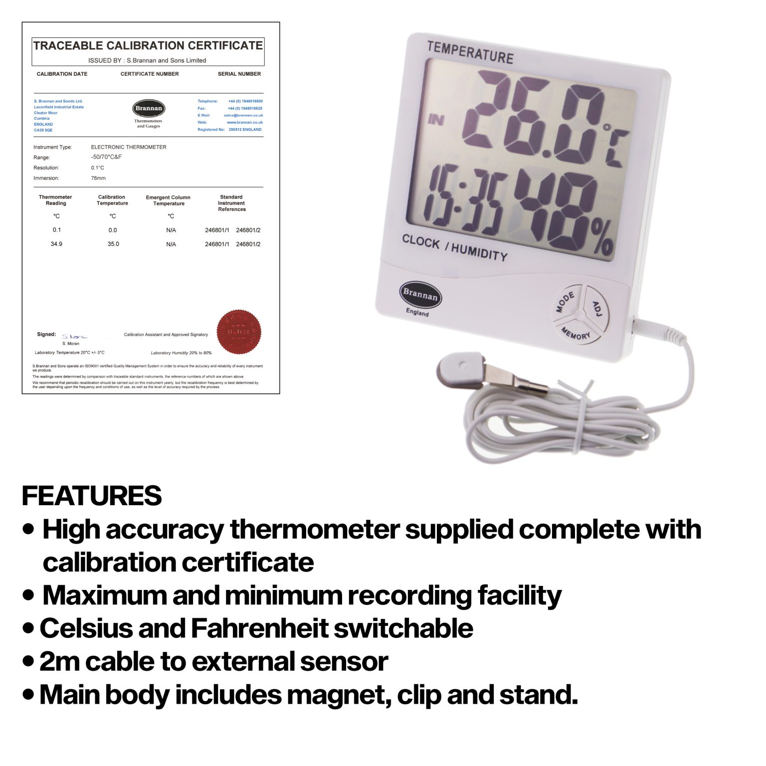 THERMcert, precalibrated jumbo max min thermometer & hygrometer Brannan