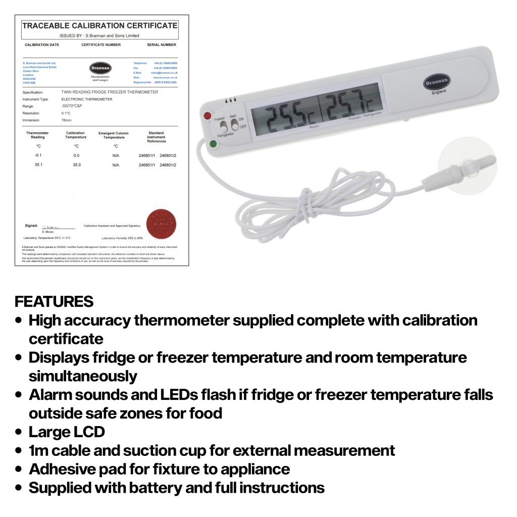 THERMcert, precalibrated digital fridge or freezer thermometer Brannan