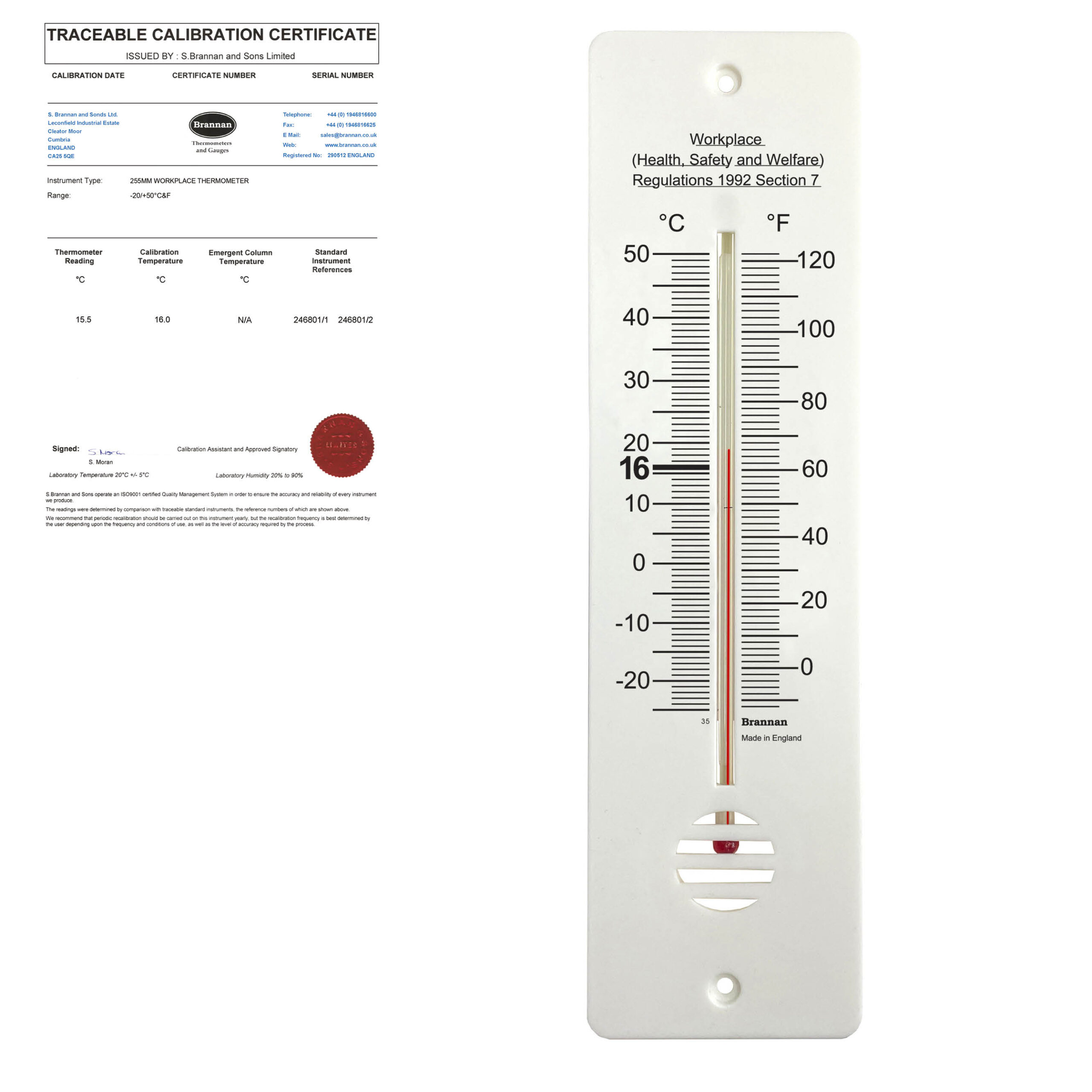 THERM-cert, pre-calibrated 255mm workplace thermometer | Brannan