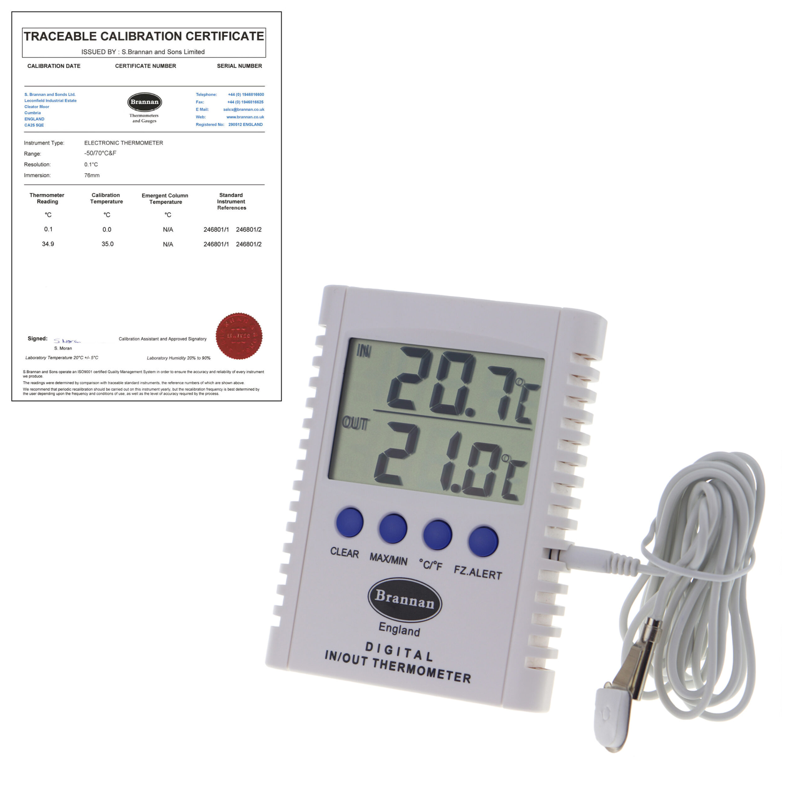 THERM-cert, pre-calibrated max min, indoor outdoor thermometer | Brannan